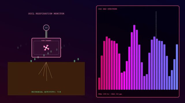 Digital displays showing soil sensors monitoring ecological data with pulsing bar graphs and fluctuating microbial activity percentages in a modern laboratory research computer software interface