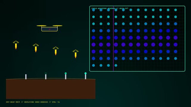 Digital soil sensors drop into dark agricultural plots during a simulated operation shown on glowing monitor displays with numerical data heat maps in dark room settings