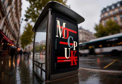 Bus Shelter Poster Rainy Street Mockup