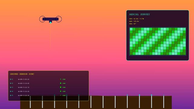 Soil sensors mounted on a flying aerial drone monitor land moisture levels during a digital mapping process shown within a glowing interface on computer screens