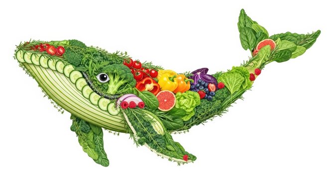 Healthy whale made of fresh fruits and vegetables