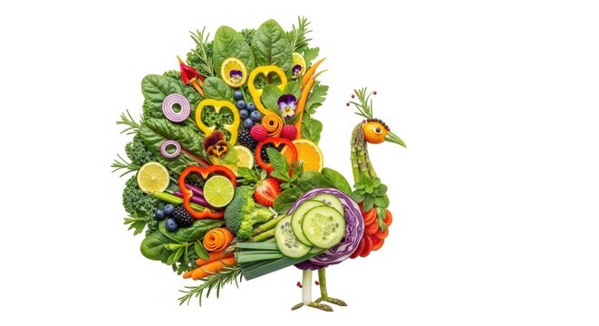 Peacock made of vegetables and fruits, healthy eating concept