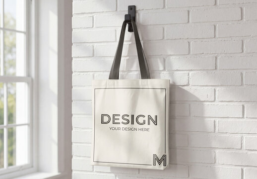Canvas Tote Bag Mockup Hanging From A Wall Hook