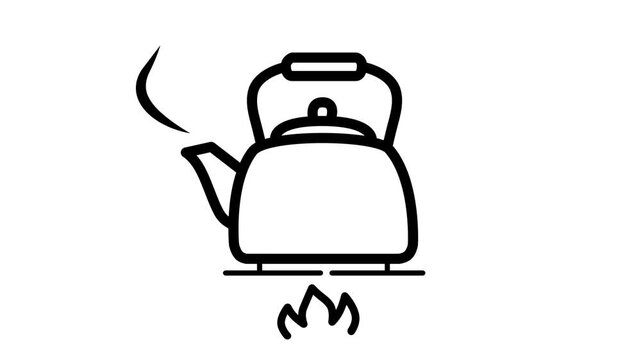 Animated black outline icon of a boiling kettle on a stove with steam. Perfect for cooking, tea, coffee, and kitchen designs.