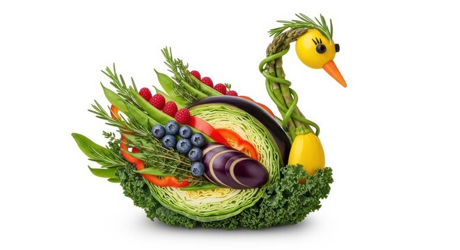 Swan vegetable art. Healthy food sculpture of fresh produce.