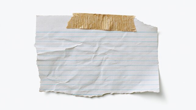 A piece of torn, crumpled lined notebook paper attached with a strip of brown adhesive tape, isolated on white background
