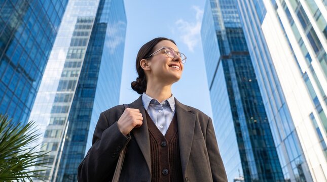 Ambitious young woman in professional attire smiling while looking up at modern skyscrapers in a city center business district