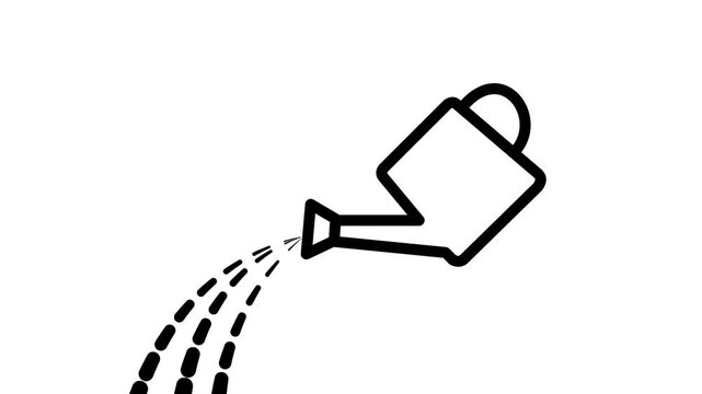 Animated black outline icon of a watering can pouring water drops. Great for gardening, agriculture, plant care, and nature themes.
