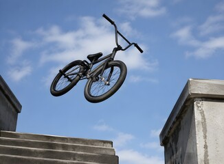 Obraz premium BMX Bicycle Rotating Above Concrete Stair Gap Without Rider Dynamic Urban Action Photography Scene Airborne