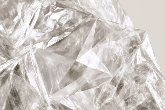 Abstract background of crumpled transparent plastic film texture with geometric folds, light reflections and shadows, creating a modern crystalline effect