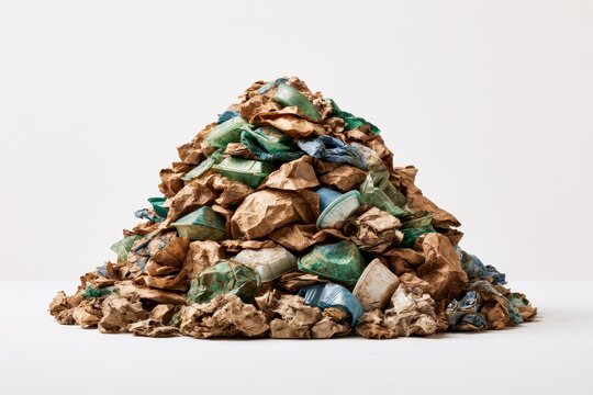 A large mound of crumpled brown paper and discarded plastic food containers isolated on white background