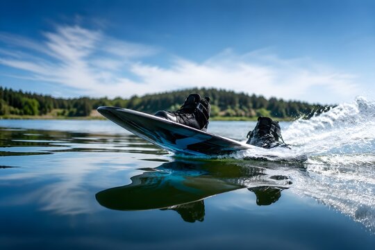 Wakeboard Slicing Across Glassy Lake Behind Invisible Towline Dynamic Watersports Action Landscape Photography Scene Stunning