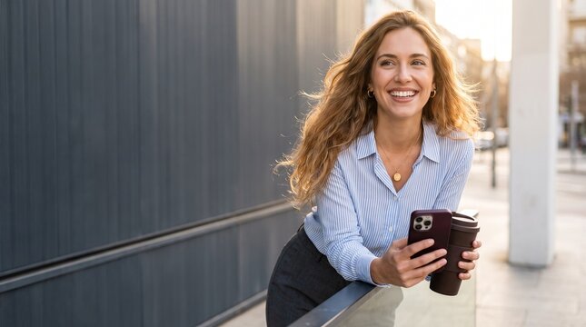 Smiling business woman holding smartphone and coffee cup outdoors in city at sunset