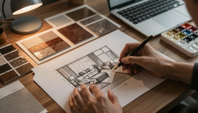 Interior Designer Sketching Living Room Concept with Material Samples