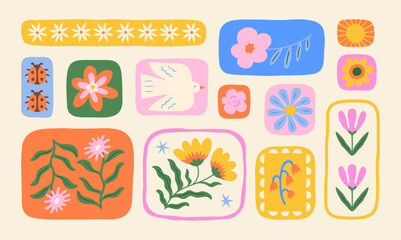 Colorful floral graphic illustration set. Vintage style flower patchwork design collection. Geometric frame shape bundle, spring season nature elements with flowers, bird, ladybug. © Dedraw Studio