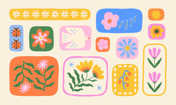 Colorful floral graphic illustration set. Vintage style flower patchwork design collection. Geometric frame shape bundle, spring season nature elements with flowers, bird, ladybug.