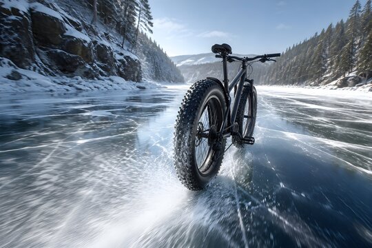 Fat Bike Drifting Across Frozen River Studded Tire Spray Winter Adventure Motion Rear Perspective Dynamic