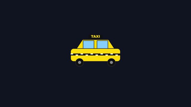 Animated yellow taxi cab driving on dark background, minimalist flat for urban transportation and city travel concepts animation 4k