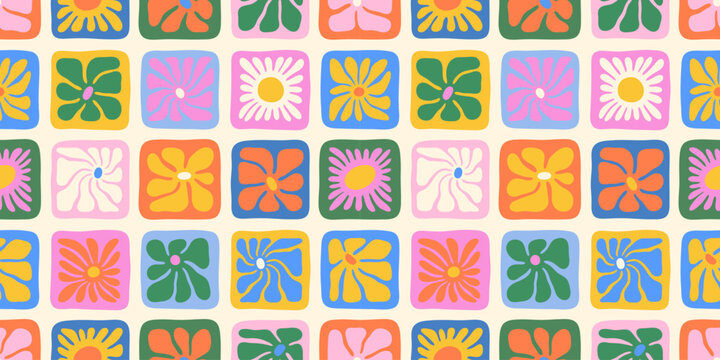Colorful floral seamless pattern illustration. Vintage style hippie flower background design. Geometric checkered wallpaper print, spring season nature backdrop texture with daisy flowers.