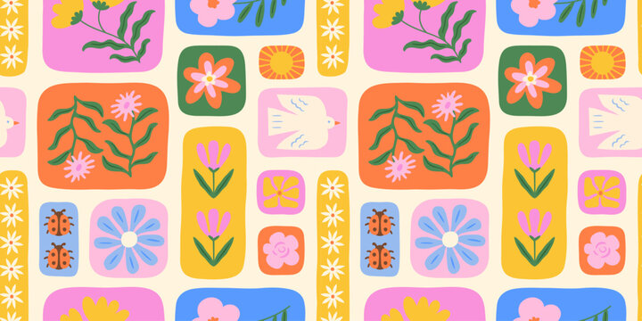Colorful floral seamless pattern illustration. Vintage style flower patchwork background design. Geometric frame wallpaper print, spring season nature backdrop texture with flowers, bird, ladybug.