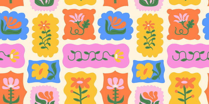 Colorful floral seamless pattern illustration. Vintage style flower patchwork background design. Geometric frame wallpaper print, spring season nature backdrop texture with daisy flowers.