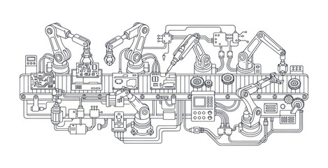 Fototapeta premium Automated Robotic Assembly Line Outline Illustration