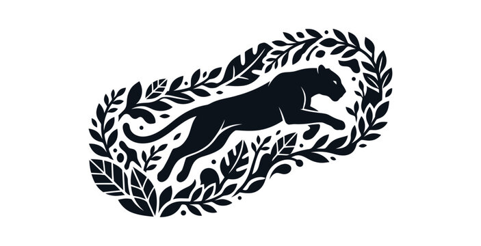 Leaping Panther Jungle Foliage Vector Illustration