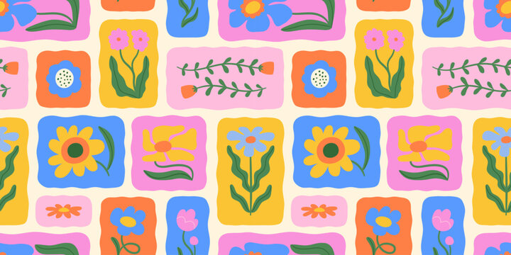 Colorful floral seamless pattern illustration. Vintage style flower patchwork background design. Geometric frame wallpaper print, spring season nature backdrop texture with daisy flowers.