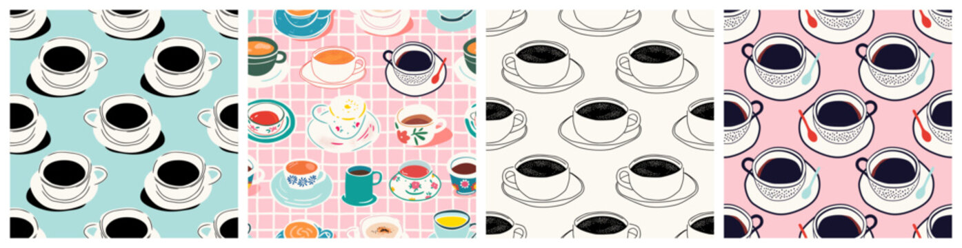 Hand drawn vintage coffee mug seamless pattern set. Breakfast tea cup background illustration with retro floral print, fine china hot drink wallpaper texture collection.	
