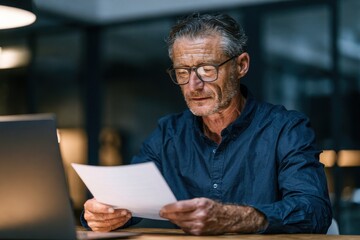 Fototapeta premium Dedicated businessman reading paperwork in a dimly lit office at night with a laptop nearby