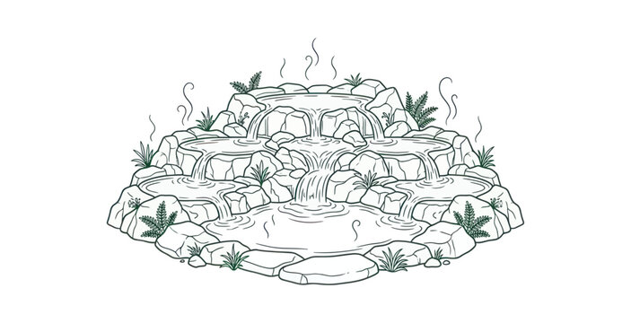 Tiered Hot Spring Line Art Illustration