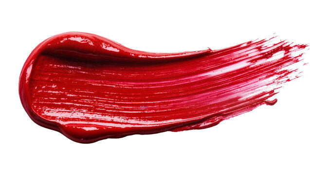 Isolated vibrant red paint stroke, smooth shiny smear of liquid makeup or art paint