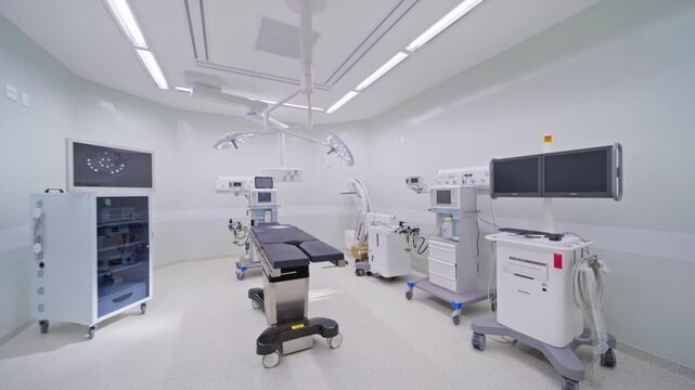 Modern Empty Operating Room with Surgical Table Lights and C-Arm Equipment 4K