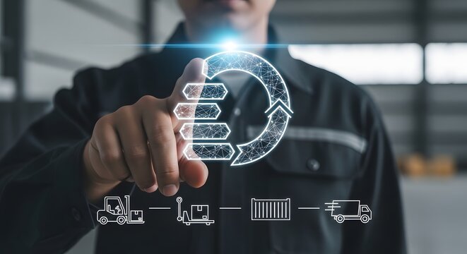 Logistics Manager Using Digital Interface for Warehouse Inventory Management and Supply Chain Optimization Processes