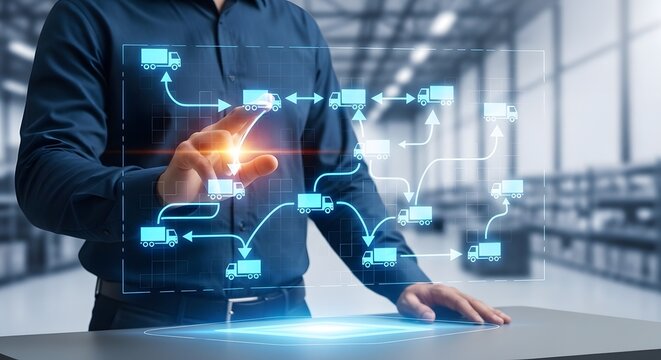Logistic manager optimizing supply chain with digital holographic interface in a warehouse environment