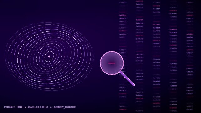 Threat hunting interface showcasing abstract circular patterns and scrolling digital columns of code in a dark violet environment captured with a sleek modern motion graphics style