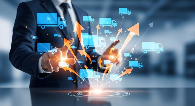 Businessman managing digital logistics for efficient global supply chain, showcasing smart transport solutions and future business growth with advanced technology