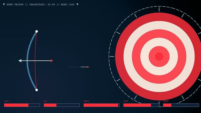 A digital threat hunting interface displays complex red and white circular targets while monitoring trajectory vectors and wind speed values in a futuristic electronic gaming setup
