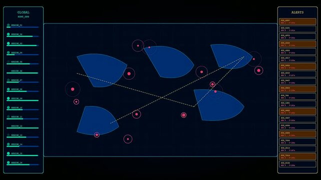 Threat hunting digital map displays show tactical network monitoring nodes in a dark futuristic interface with glowing geometric shapes and pulsing circular motion tracking elements