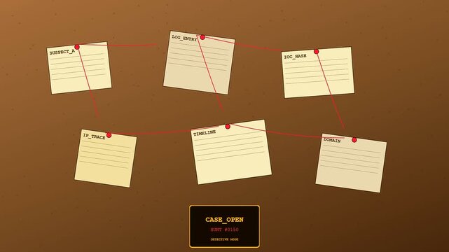 A digital threat hunting investigation sequence displays red string connections between multiple sticky paper notes on a dark brown wall board used for case analysis