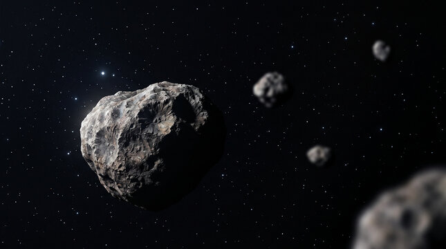 Large asteroid floating in deep space next to smaller space rocks. Cosmic rendering of celestial bodies in the solar system. Scientific visualization of planetary defense and astronomy.