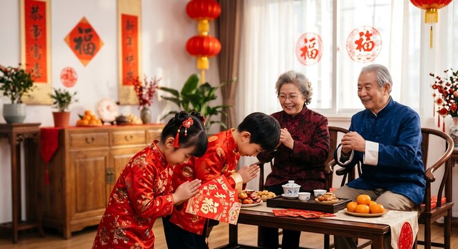 Chinese family celebrating Lunar New Year together. Kids bowing to grandparents for good luck and blessing with red envelope. Traditional culture, Spring Festival, holiday reunion.