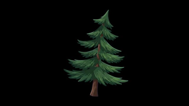 A stylized 2D cartoon illustration of a green evergreen pine tree with a snowy base, isolated against a solid pitch-black background. Perfect for game design assets, children's book graphics, winter h