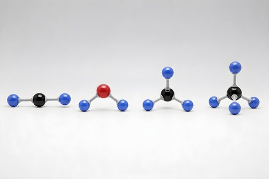 Molecular geometry models illustrating linear bent trigonal and tetrahedral shapes with vibrant structural clarity isolated