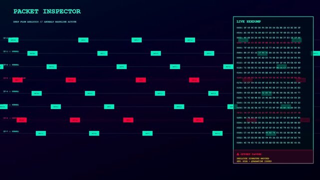 Threat hunting interface displaying complex data streams with scrolling hexadecimal code and glowing digital blocks arranged in a sequence across a dark cyber security workspace screen