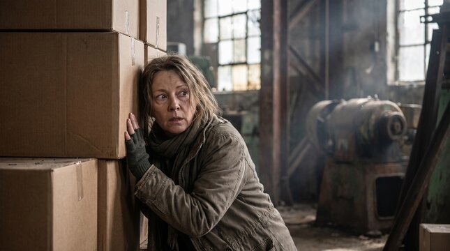 Terrified mature woman hiding behind cardboard boxes in an abandoned dusty warehouse