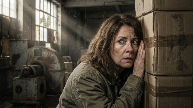 Scared mature woman hiding behind cardboard boxes in an old dusty warehouse