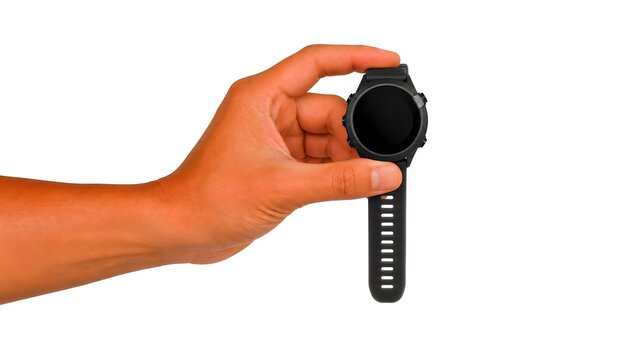 Hand Holding Smartwatch Against White Background