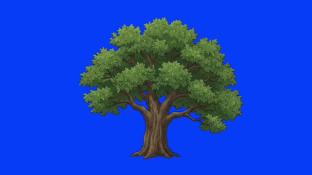 A detailed 2D model of a majestic oak tree with a thick trunk and a full lush green leafy crown, set against a solid bright blue studio backdrop. Designed for environmental campaigns, forestry commerc