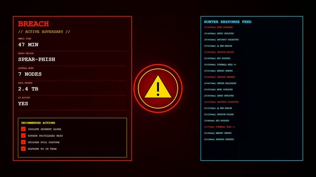 Digital threat hunting interface showing multiple panels of data analysis with red warning signs and text logs updating in real time across the glowing screen